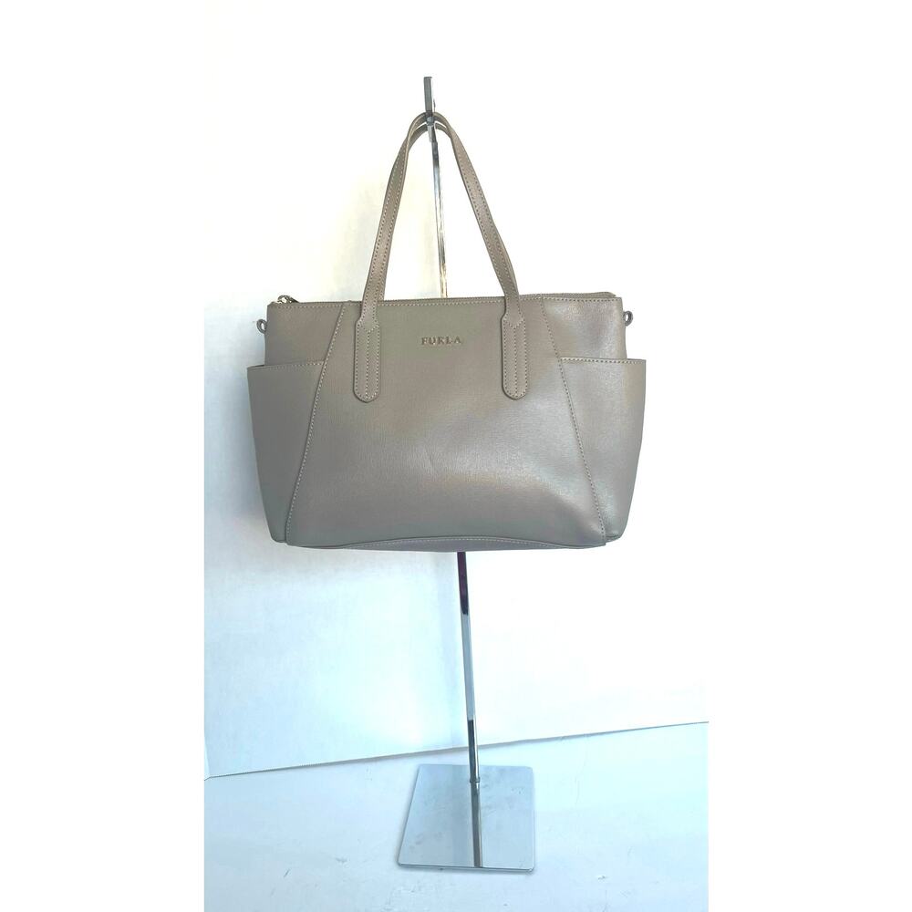 Authentic FURLA Ariana Taupe Leather Double Handle‎ Tote Hand Bag w Side Pockets